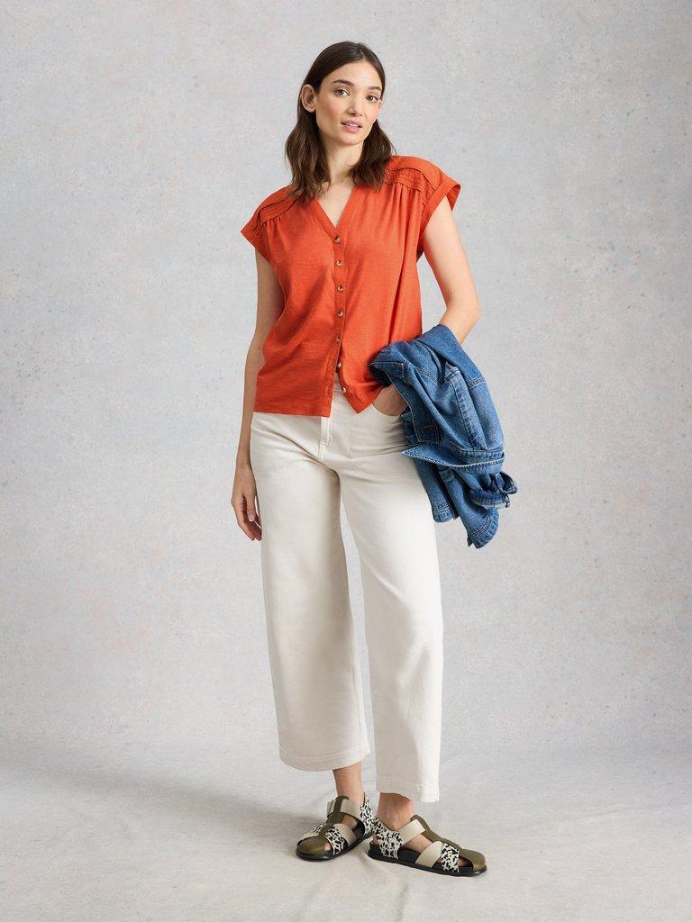 BILLIE BUTTON SHIRT in MID RED - MODEL FRONT