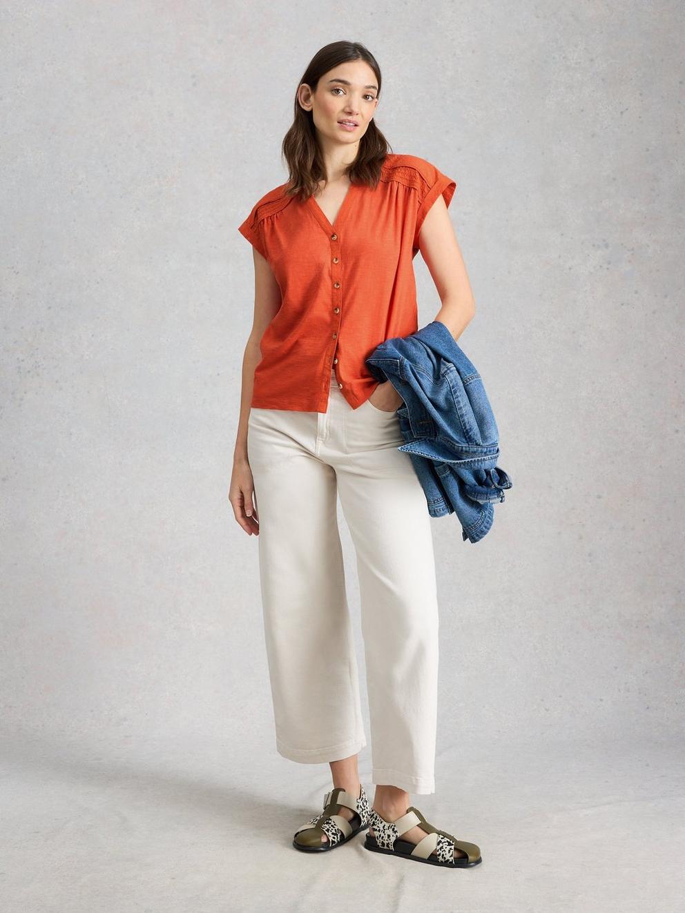 BILLIE BUTTON SHIRT in MID RED - MODEL FRONT