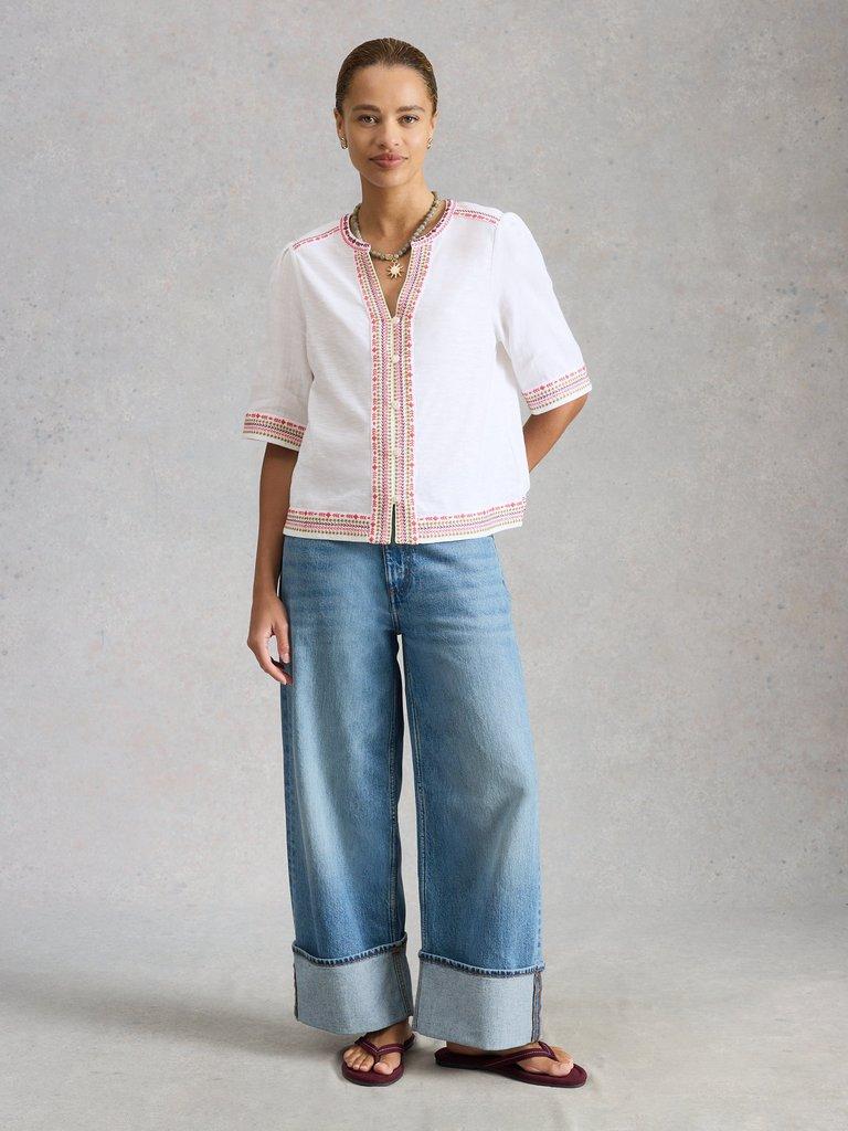 LIZZIE EMBROIDERED TOP in IVORY MLT - MODEL FRONT