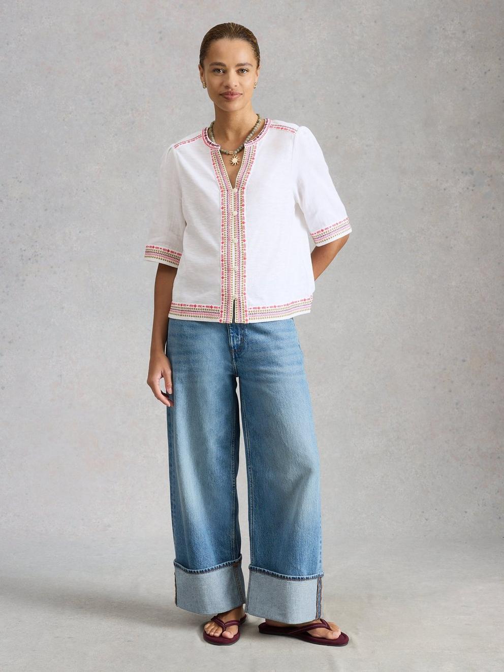 LIZZIE EMBROIDERED TOP in IVORY MLT - MODEL FRONT