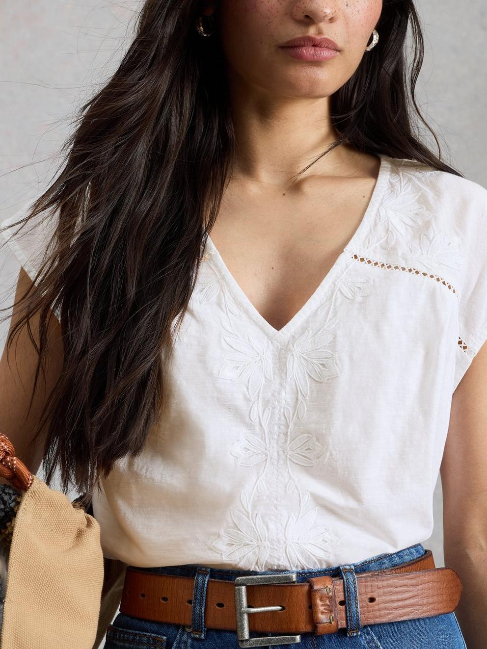 FLISS FLORAL V NECK TOP in BRIL WHITE - MODEL DETAIL