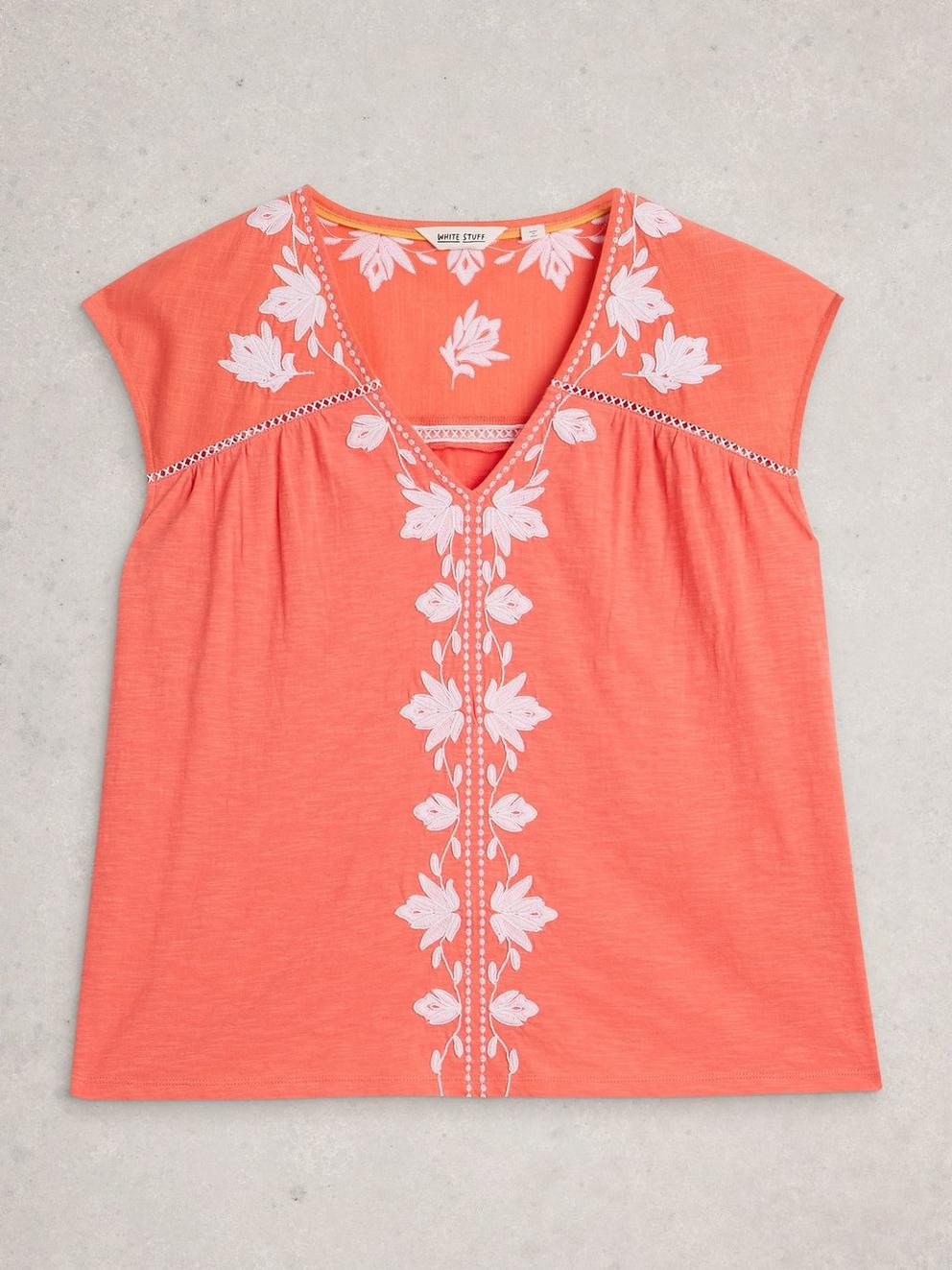 FLISS FLORAL V NECK TOP in CORAL MLT - FLAT FRONT