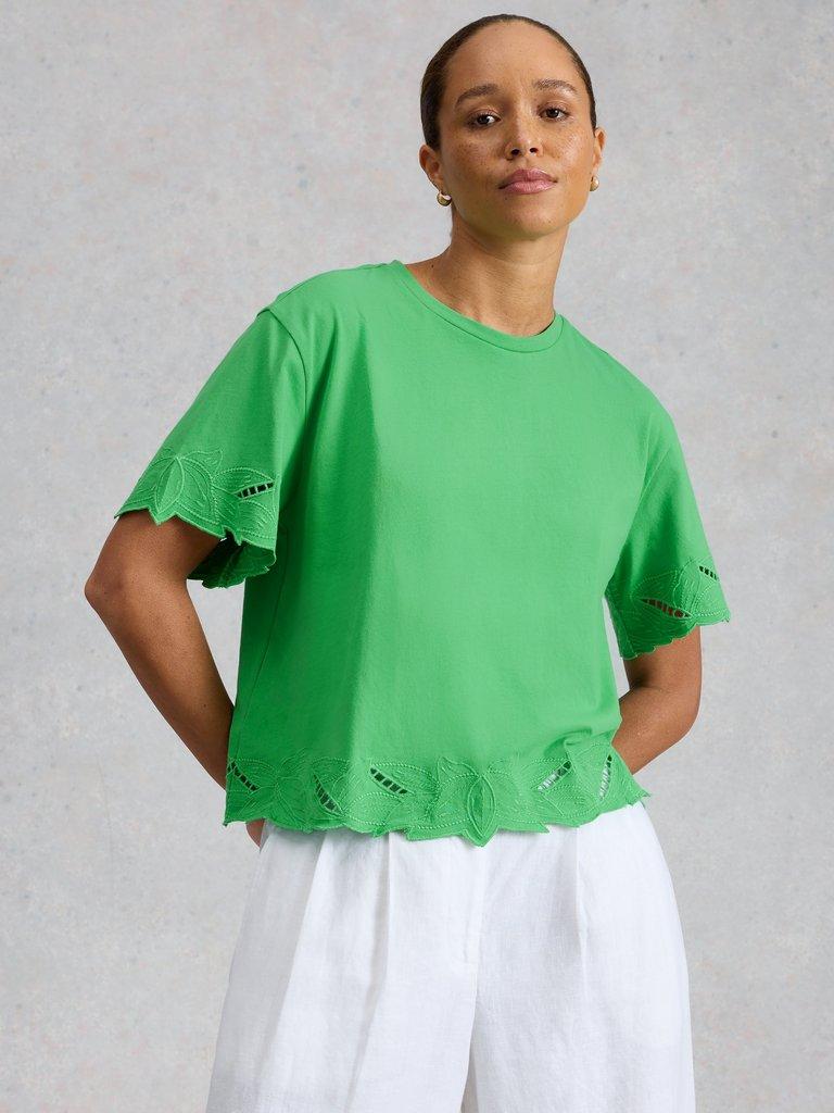COLLEEN CUTWORK TEE in BRT GREEN - MODEL DETAIL