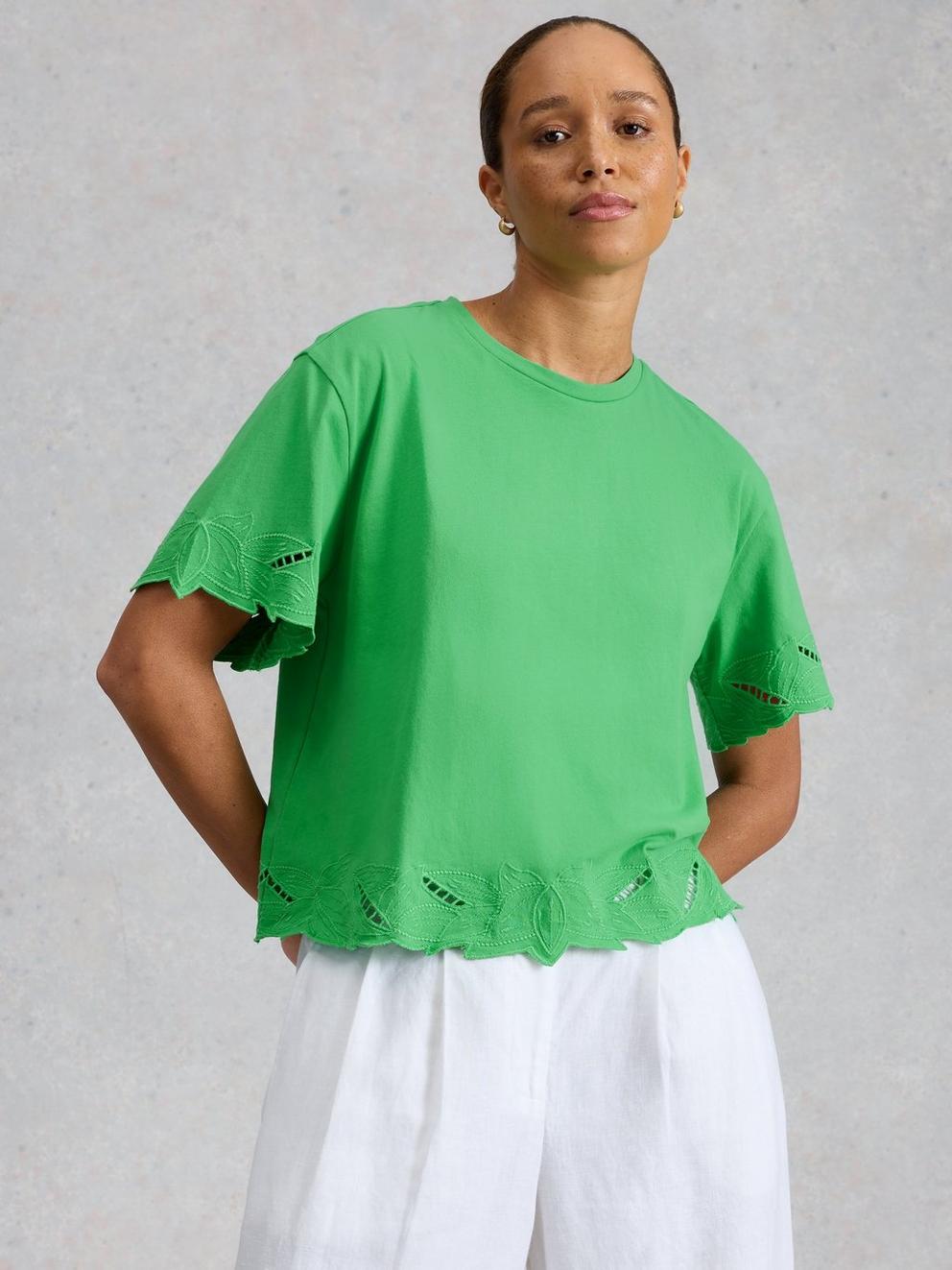 COLLEEN CUTWORK TEE in BRT GREEN - MODEL DETAIL
