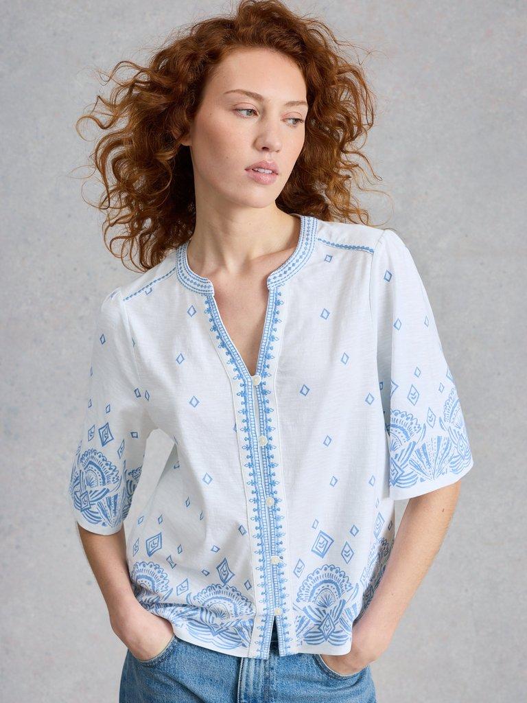 LIZZIE BORDER EMBROIDERED TOP in WHITE PR - MODEL DETAIL