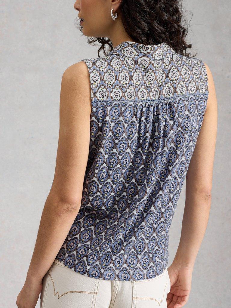 AMY SLEEVELESS SHIRT in BLUE PR - MODEL BACK