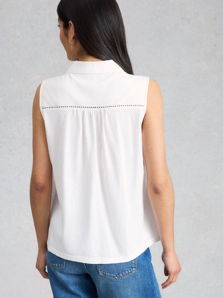 AMY EMB SLEEVELESS SHIRT in BRIL WHITE - MODEL BACK