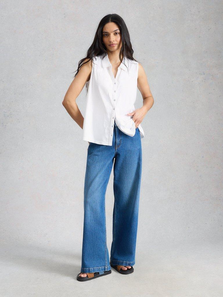 AMY EMB SLEEVELESS SHIRT in BRIL WHITE - MODEL FRONT