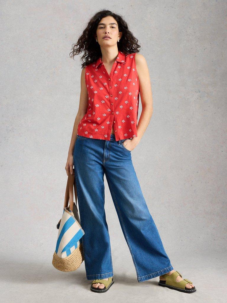 AMY EMB SLEEVELESS SHIRT in RED MLT - MODEL FRONT