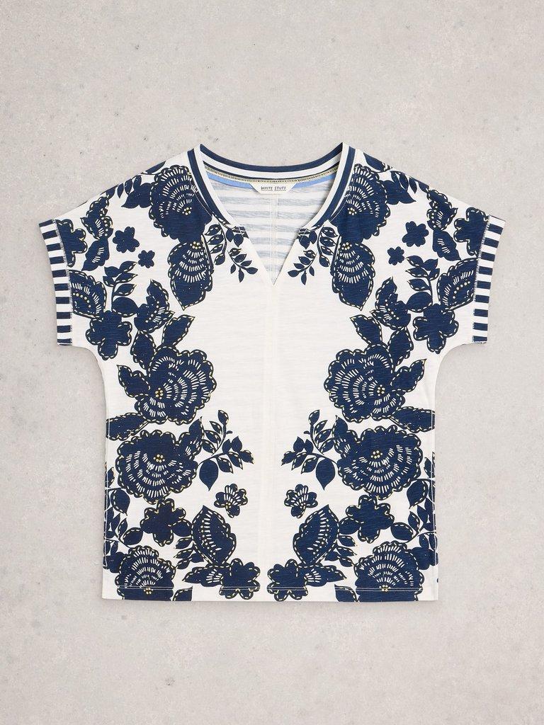 NELLY NOTCH NECK PRINT TEE in NAVY MULTI - FLAT FRONT