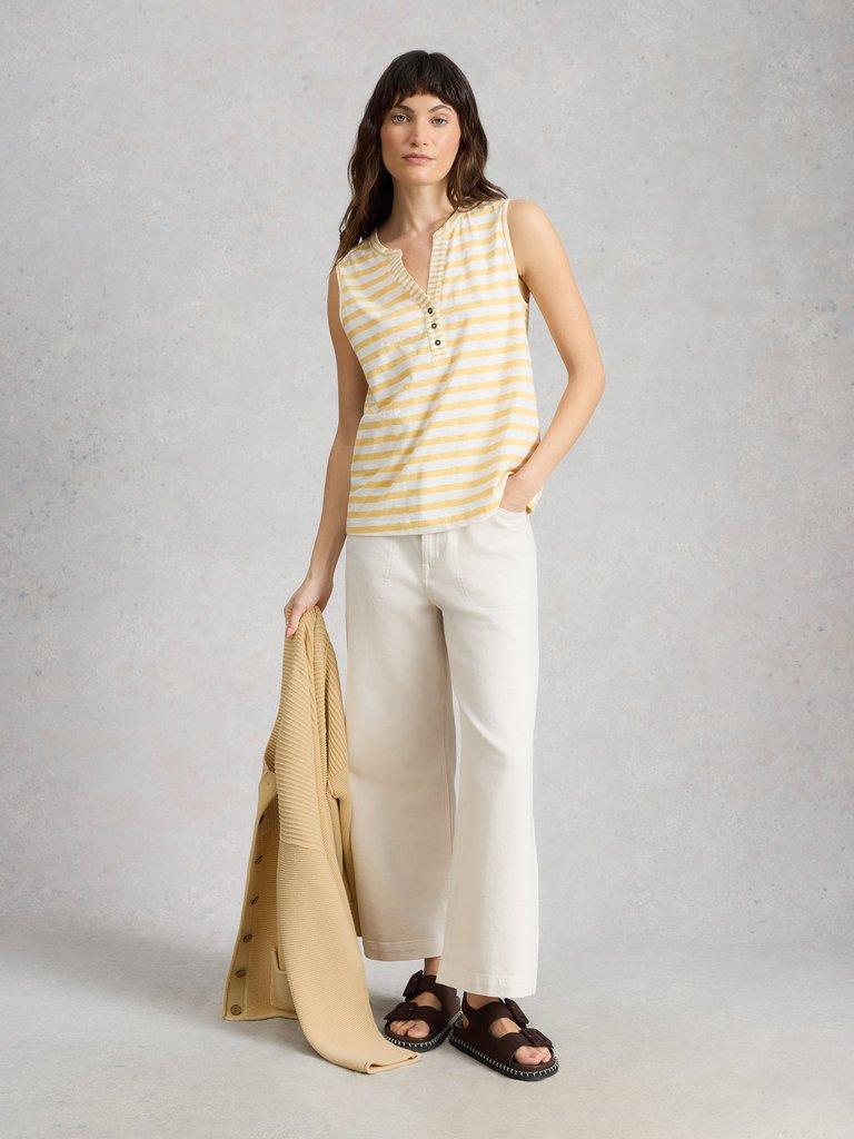 NORA NOTCH STRIPE VEST in YELLOW MLT - MODEL FRONT