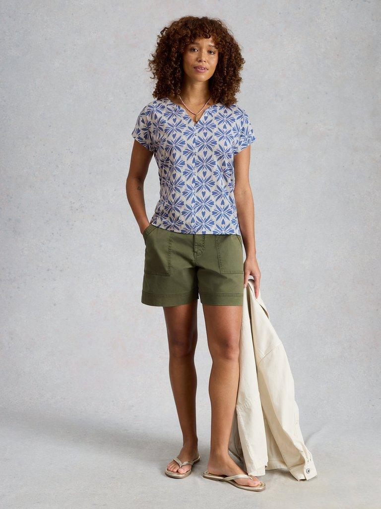 NELLY NOTCH V NECK TEE in BLUE MLT - MODEL FRONT