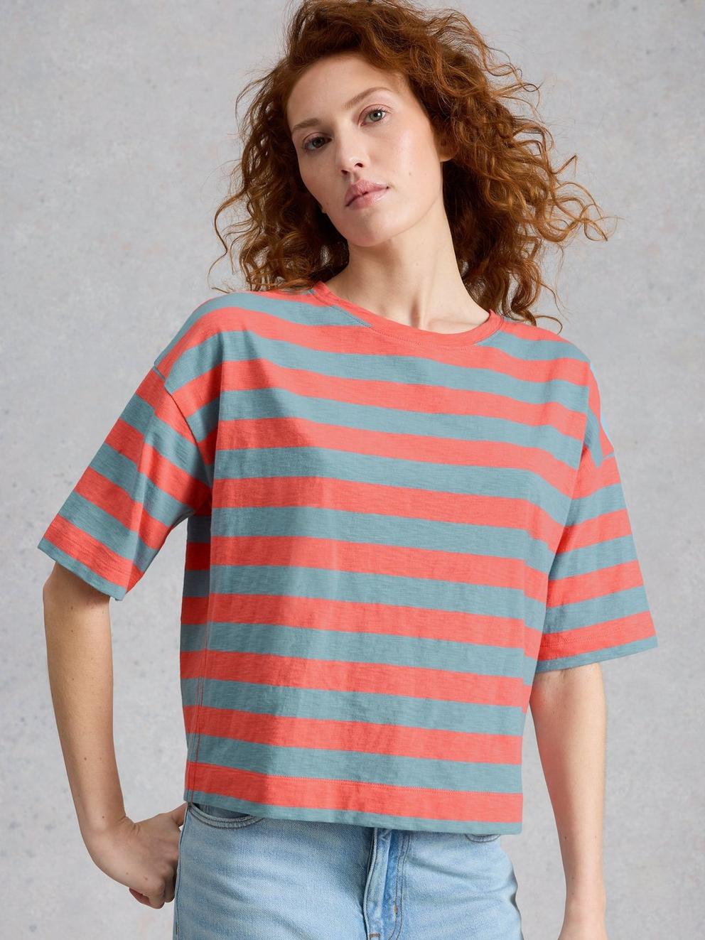 KATYA STRIPE T-SHIRT in CORAL MLT - MODEL DETAIL