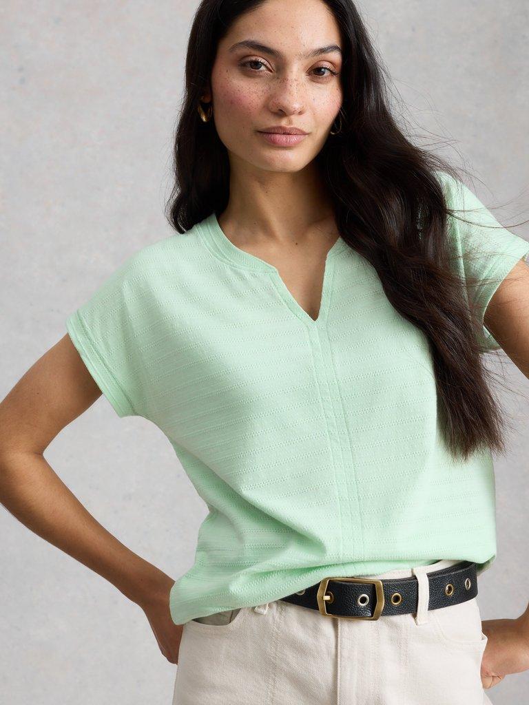 NELLY NOTCH TEXTURE T-SHIRT in LGT GREEN - MODEL DETAIL