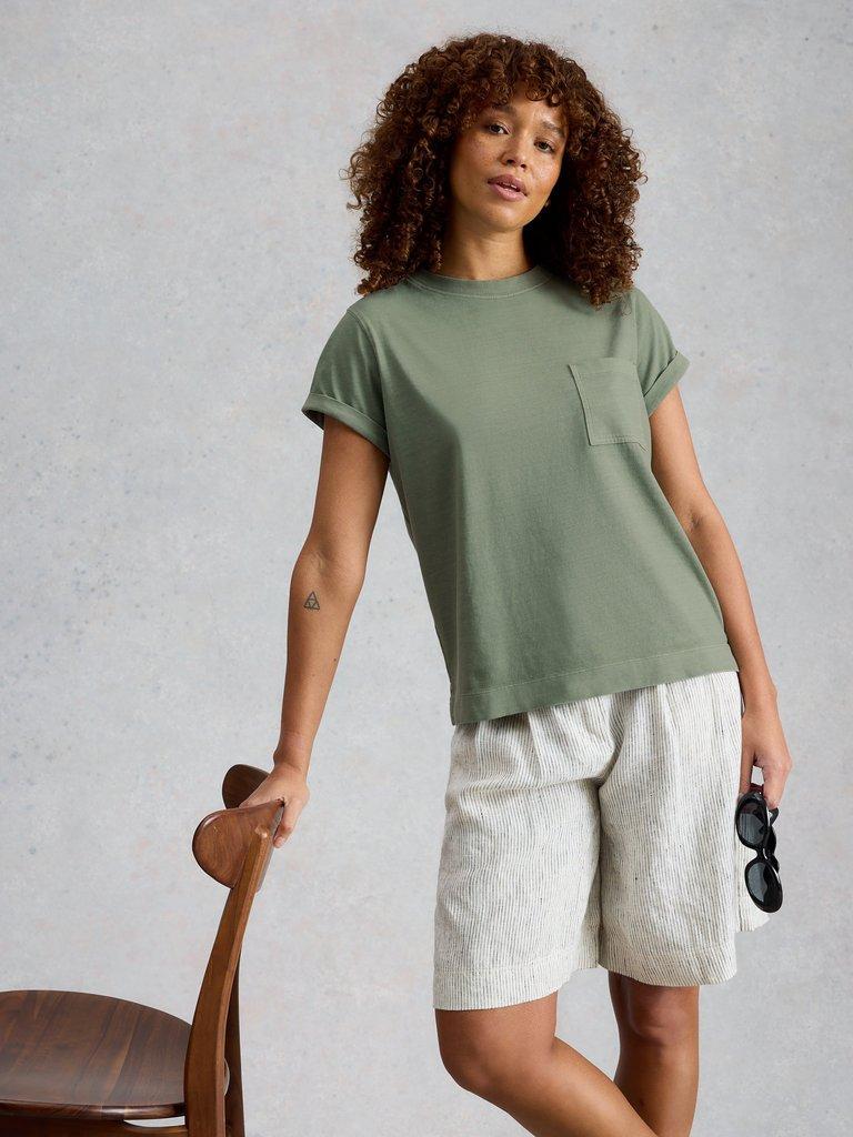 GINA SHORT SLEEVE TEE in KHAKI GRN - MODEL DETAIL