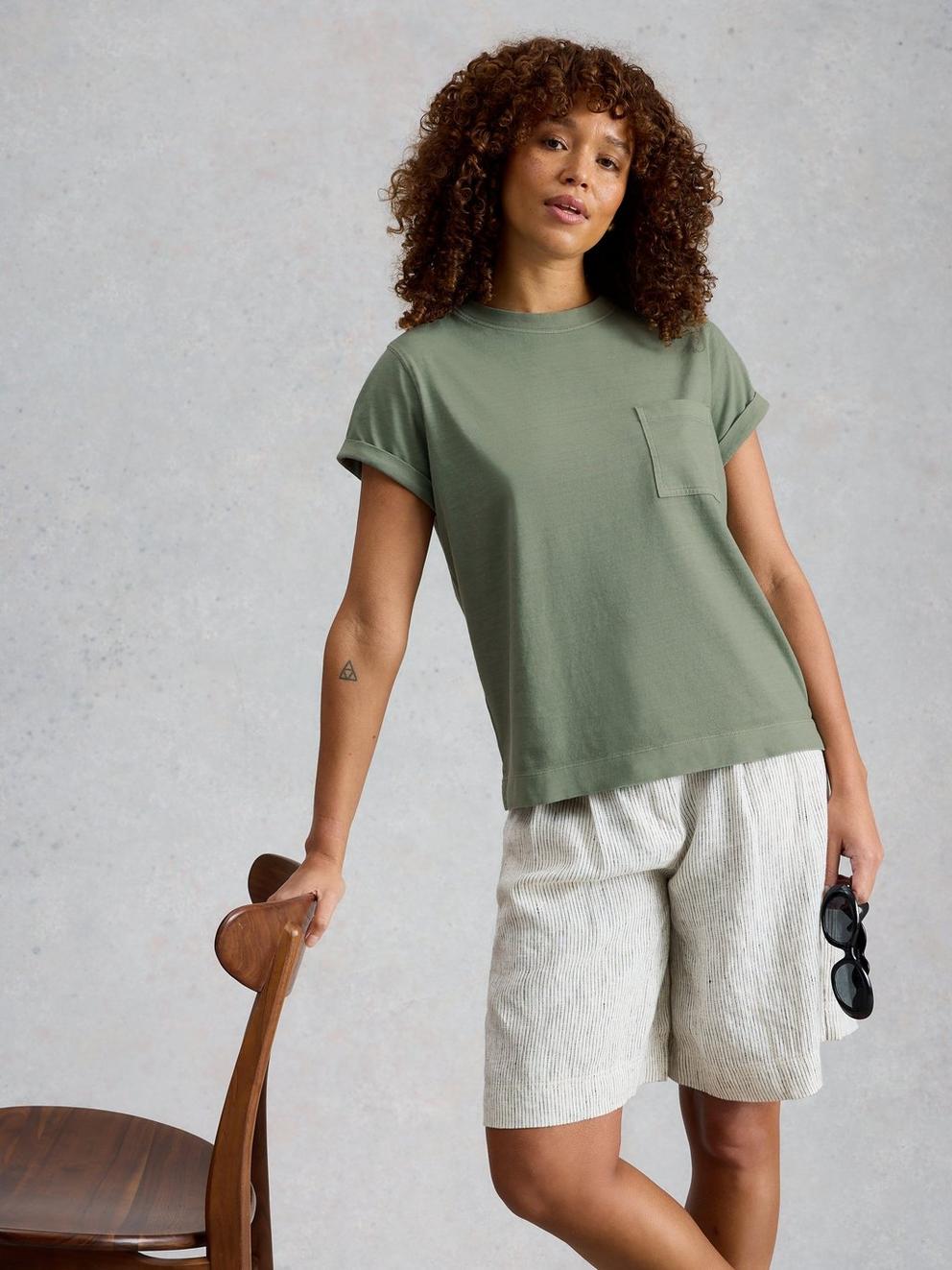 GINA SHORT SLEEVE TEE in KHAKI GRN - MODEL DETAIL