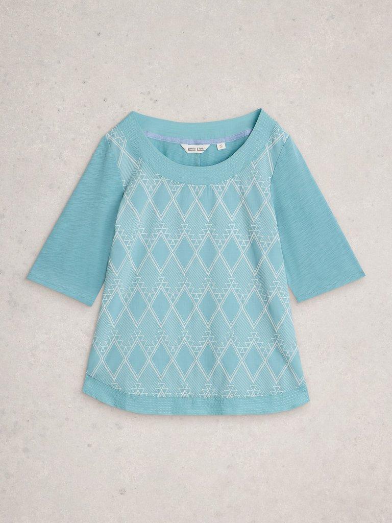 WEAVER BRODERIE NOTCH NECK TEE in TEAL MLT - FLAT FRONT