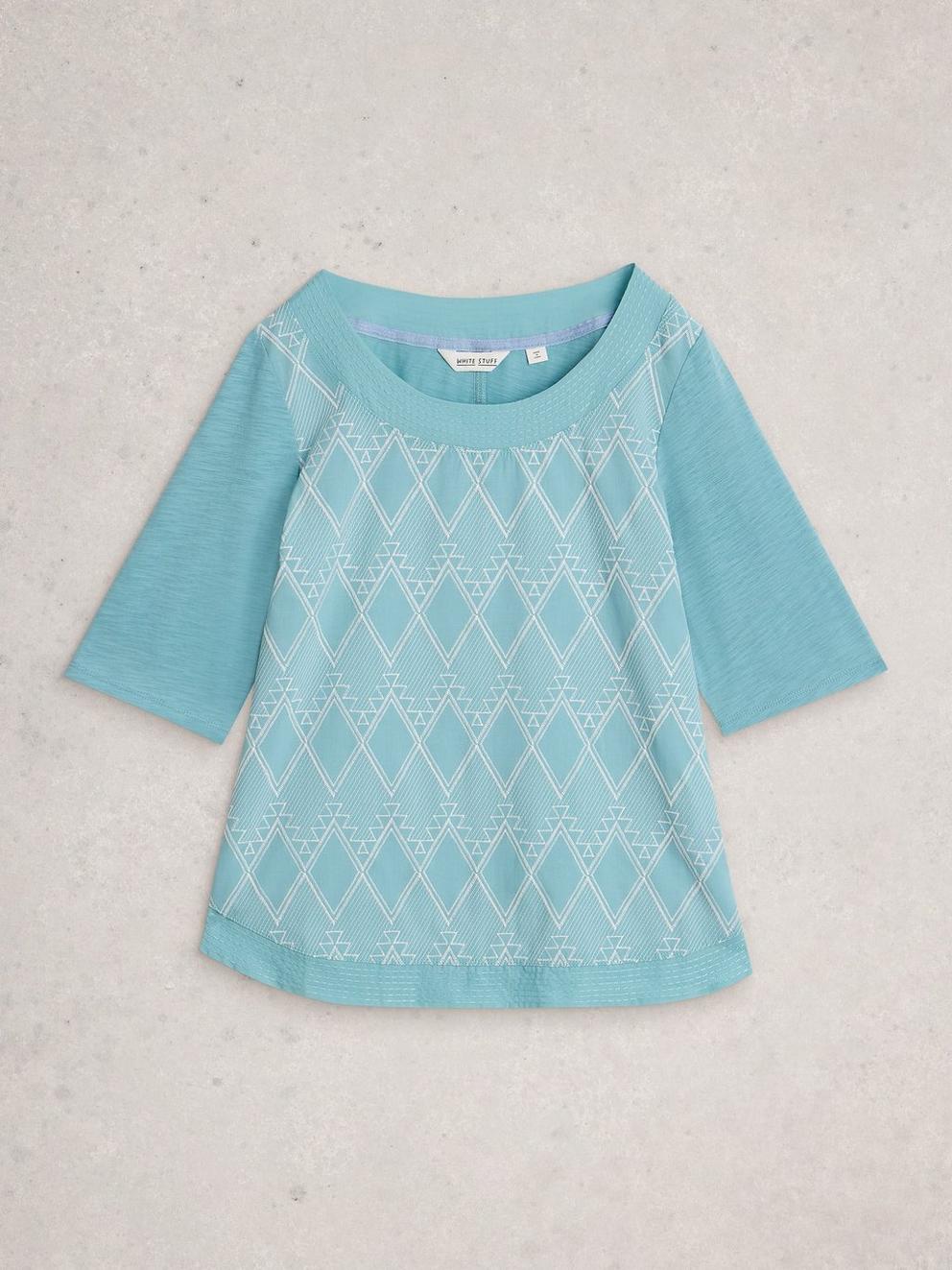 WEAVER BRODERIE NOTCH NECK TEE in TEAL MLT - FLAT FRONT
