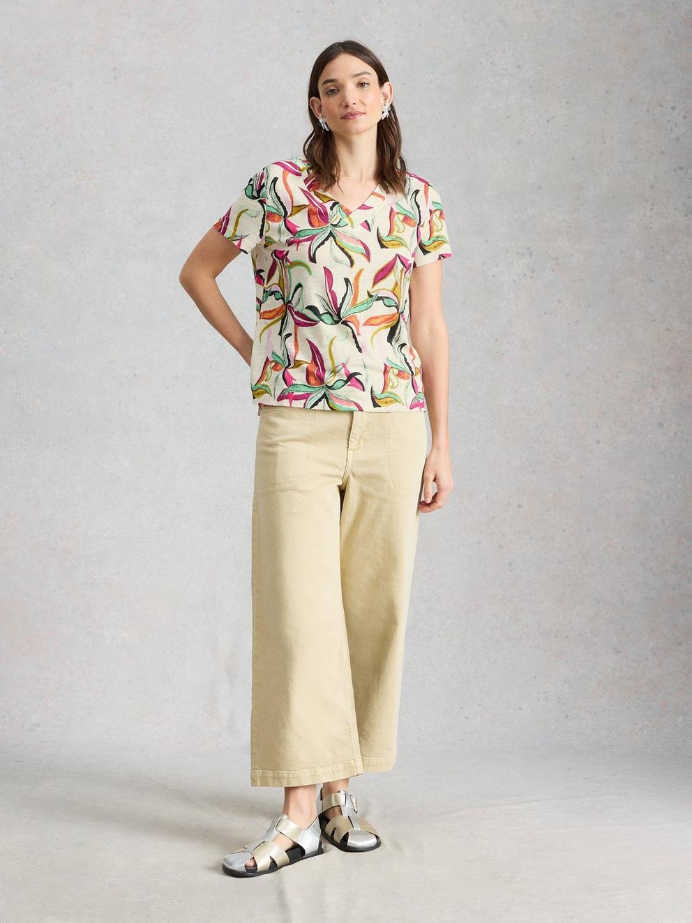 SUSIE V NECK LINEN TEE in IVORY PR - MODEL FRONT