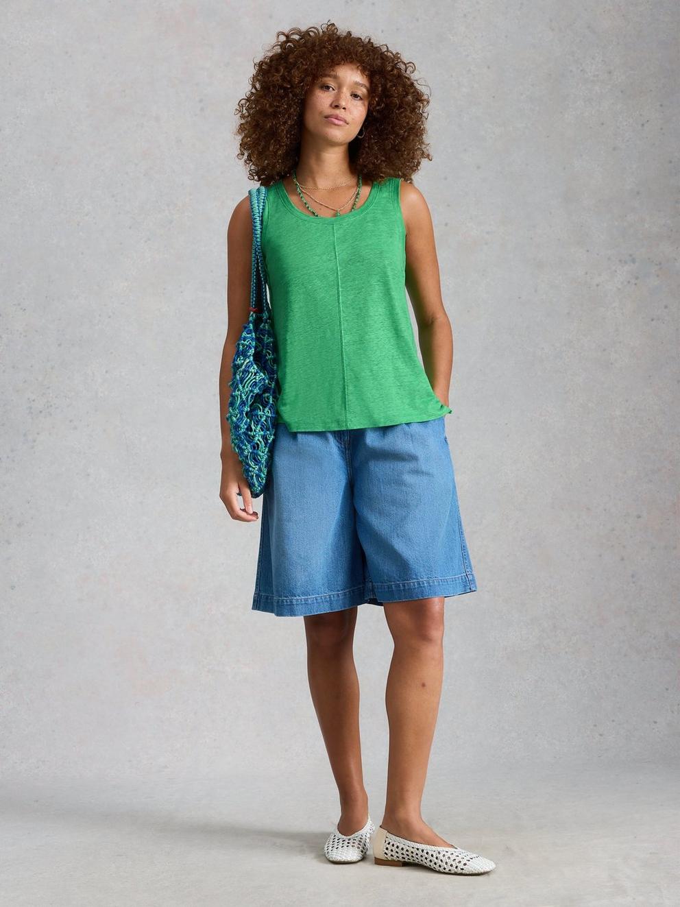 SCARLETTE LINEN VEST in BRT GREEN - MODEL FRONT