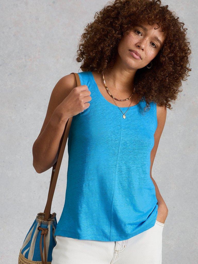 SCARLETTE LINEN VEST in MID BLUE - LIFESTYLE