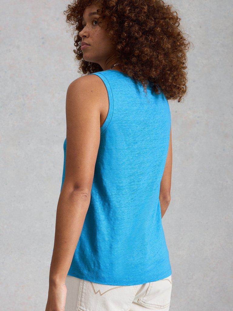 SCARLETTE LINEN VEST in MID BLUE - MODEL BACK
