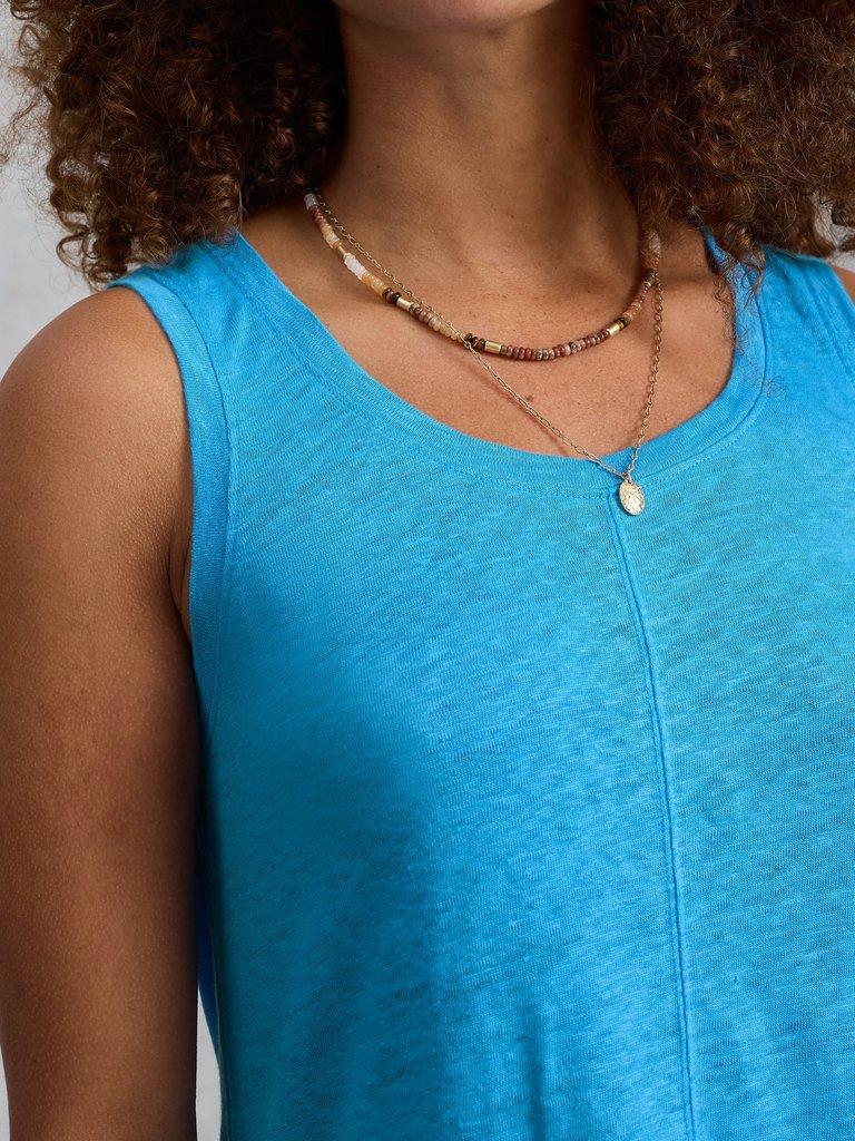 SCARLETTE LINEN VEST in MID BLUE - MODEL DETAIL