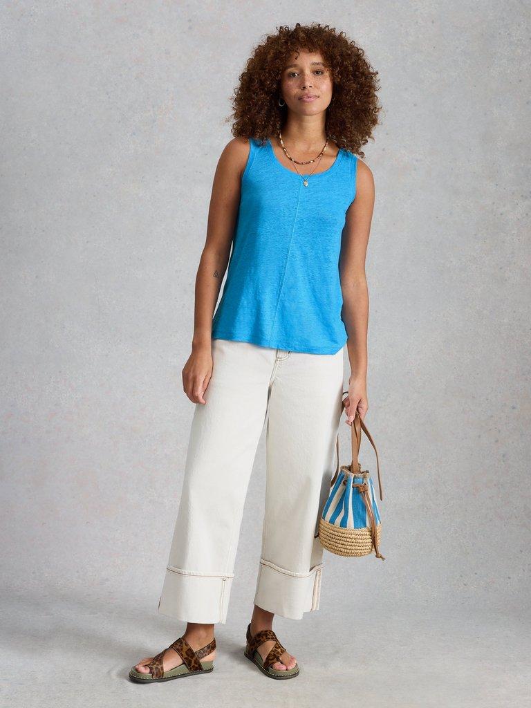 SCARLETTE LINEN VEST in MID BLUE - MODEL FRONT