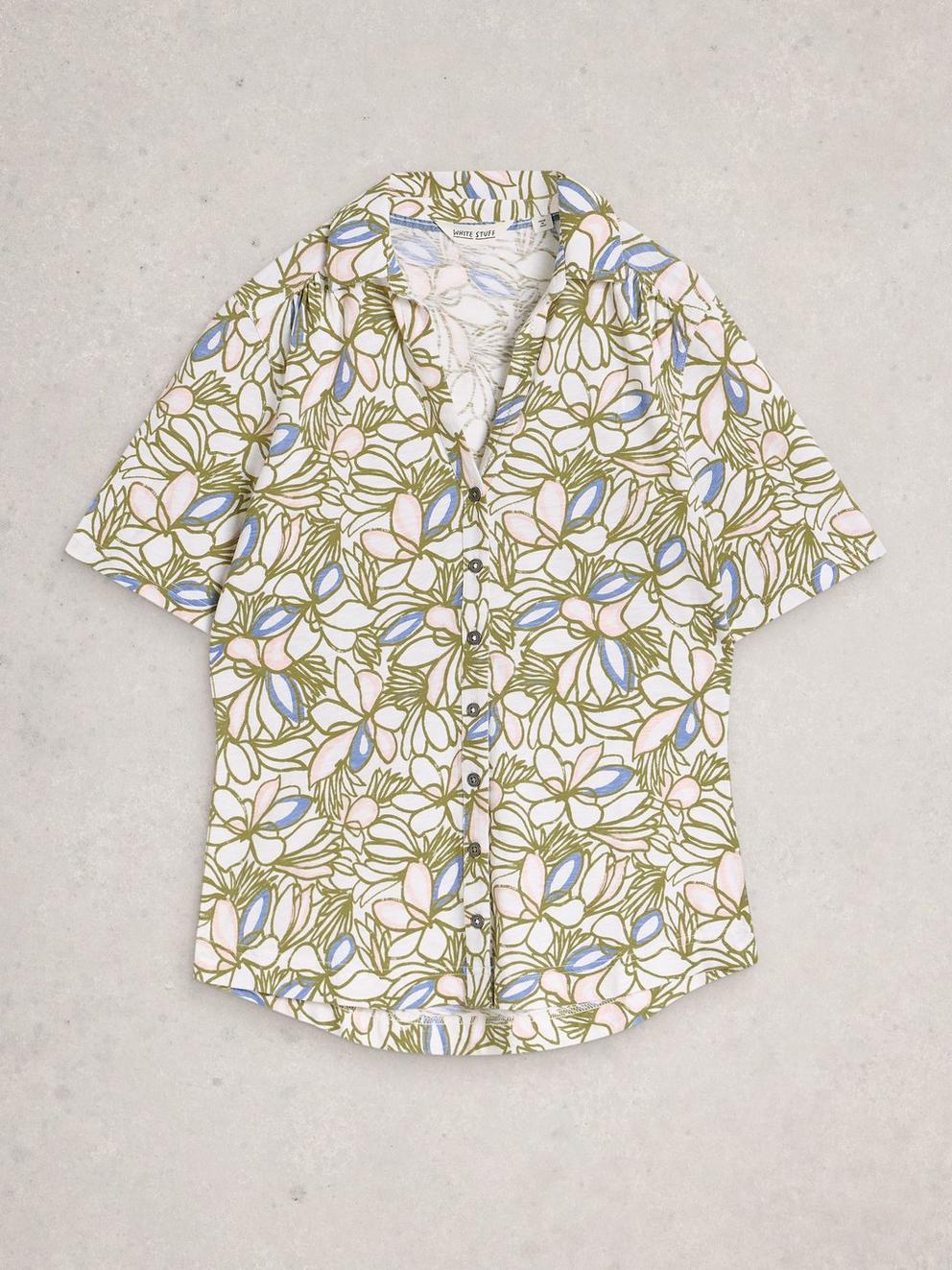 ANNIE COLLARED SHORT SLEEVE JERSEY SHIRT in GREEN MLT - FLAT FRONT