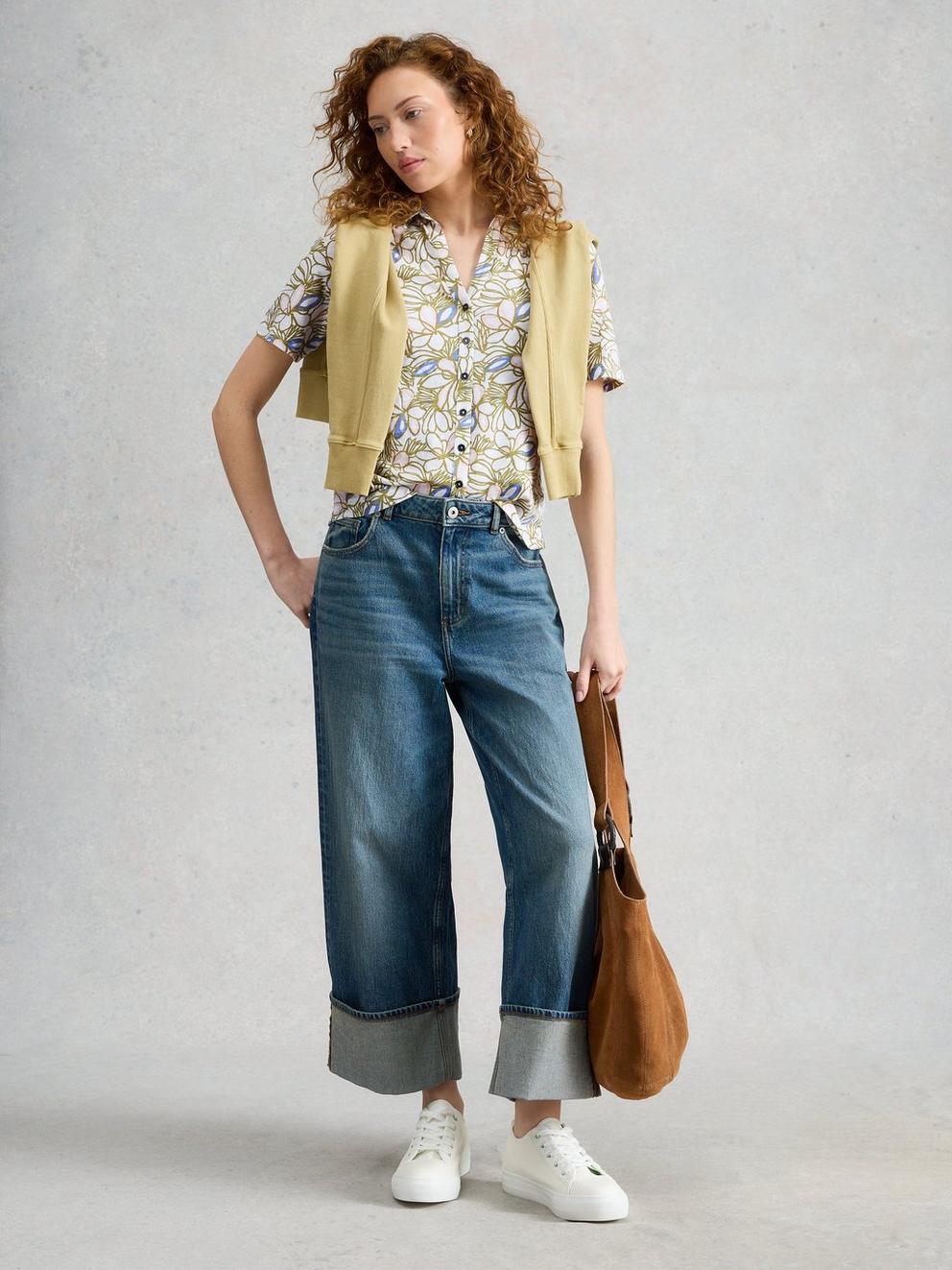 ANNIE COLLARED SHORT SLEEVE JERSEY SHIRT in GREEN MLT - MODEL FRONT