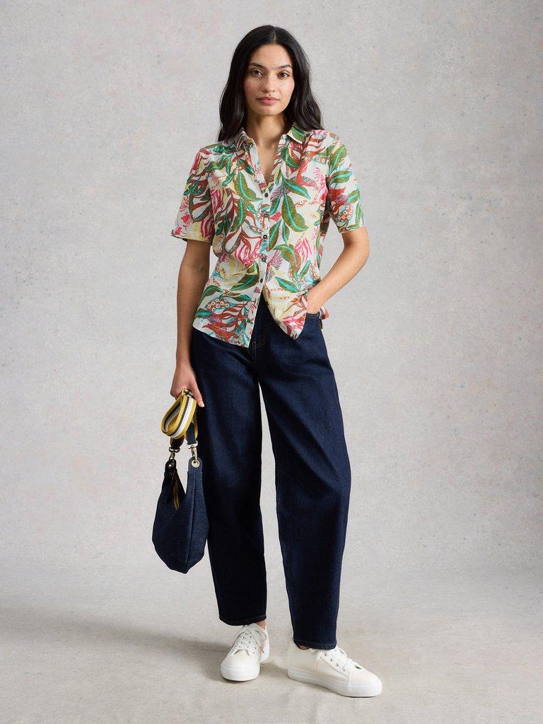 ANNIE COLLARED SHORT SLEEVE JERSEY SHIRT in IVORY PR - MODEL FRONT