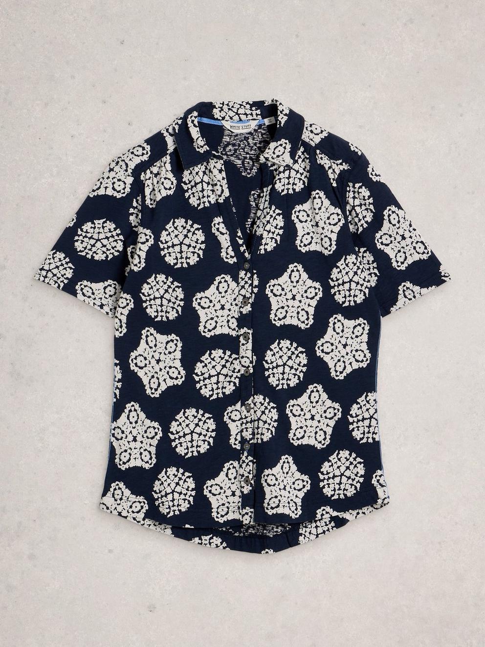 ANNIE COLLARED SHORT SLEEVE JERSEY SHIRT in NAVY PR - FLAT FRONT