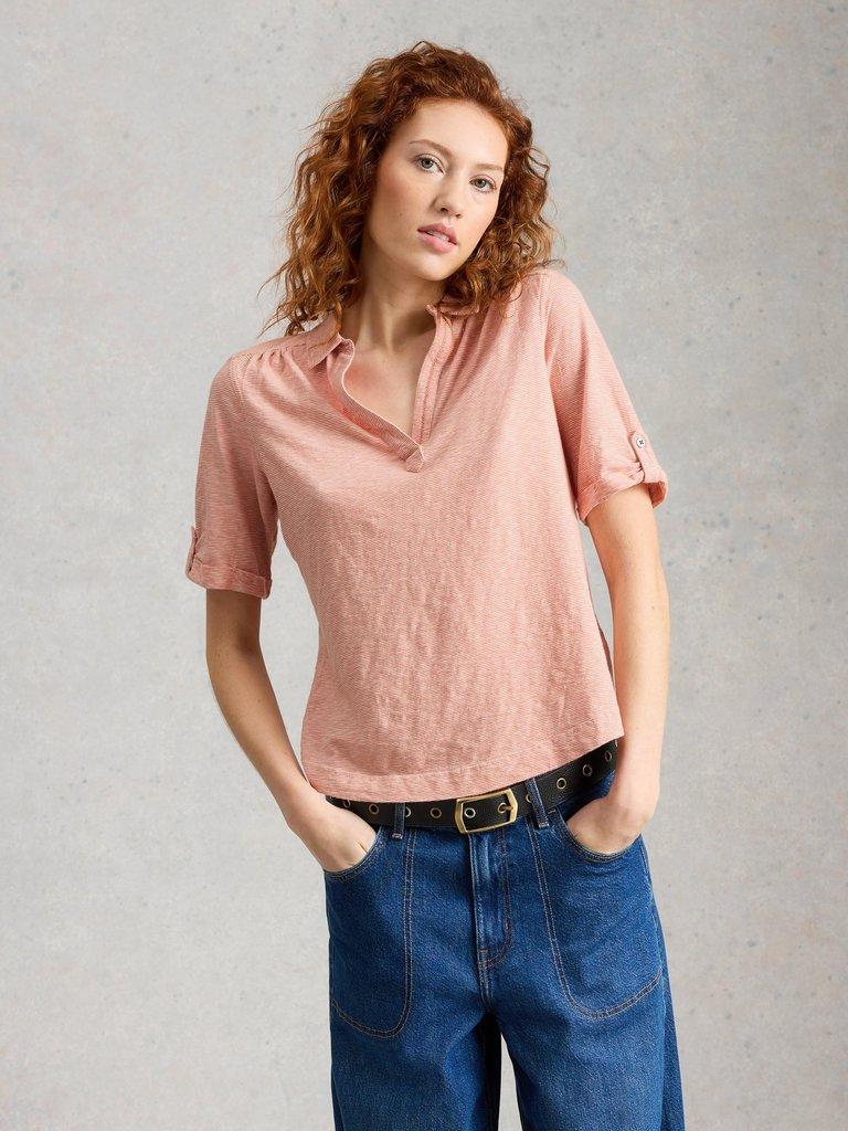 ALLIE SS STRIPE SHIRT in ORANGE MLT - MODEL DETAIL