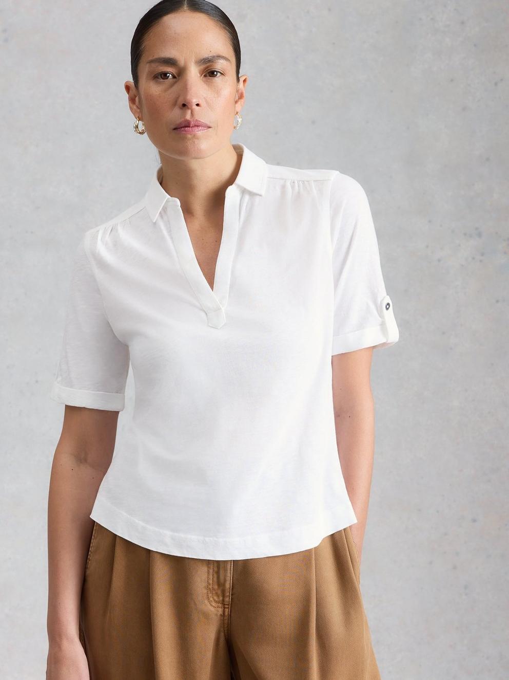 ALLIE SS JERSEY SHIRT in BRIL WHITE - MODEL DETAIL