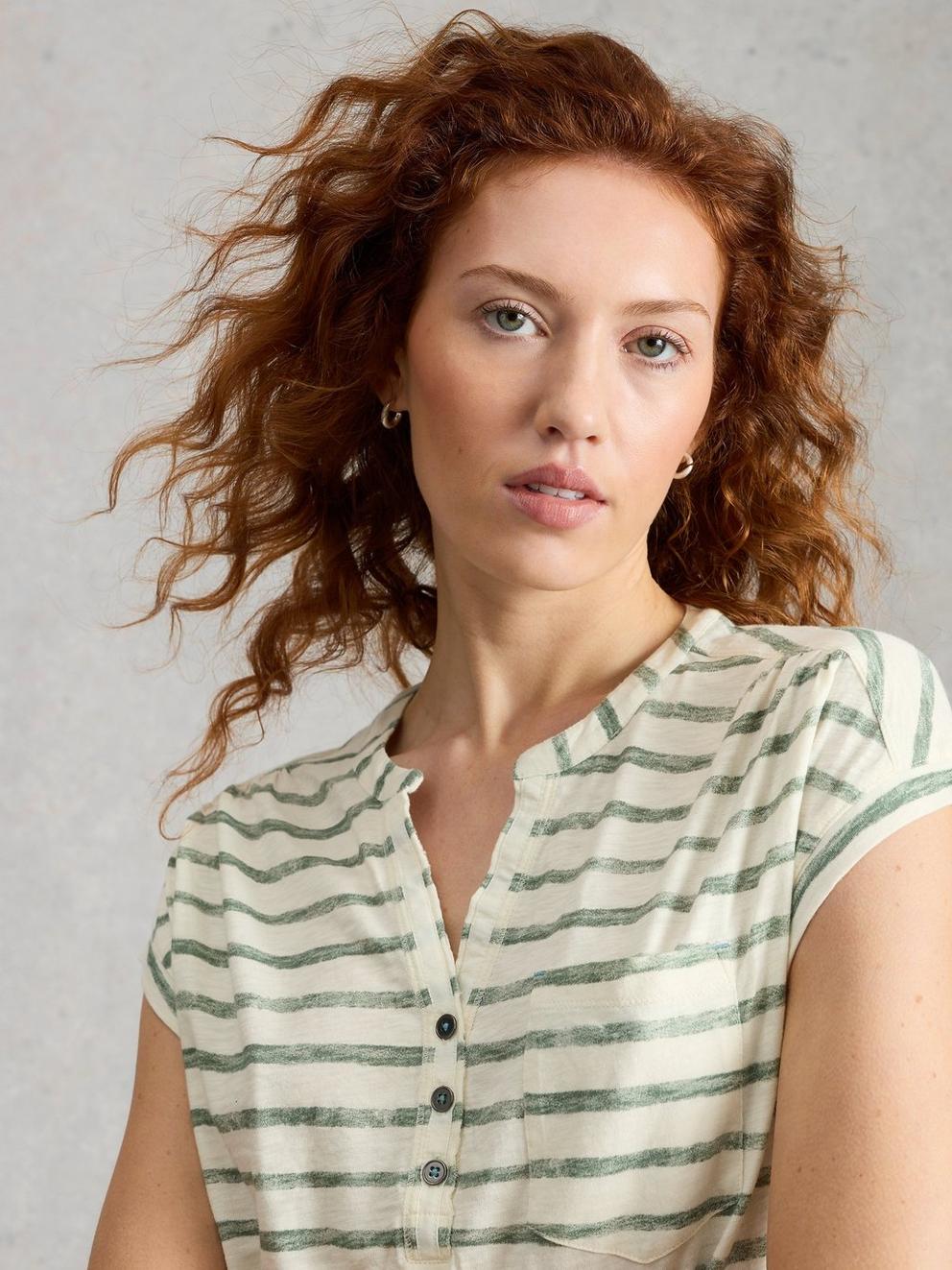 CECILY STRIPE SHIRT in GREEN MLT - MODEL DETAIL