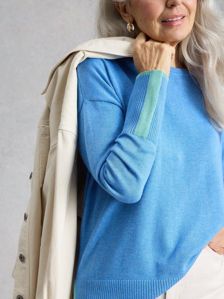 OLIVE JUMPER CREW NECK in MID BLUE - MODEL DETAIL