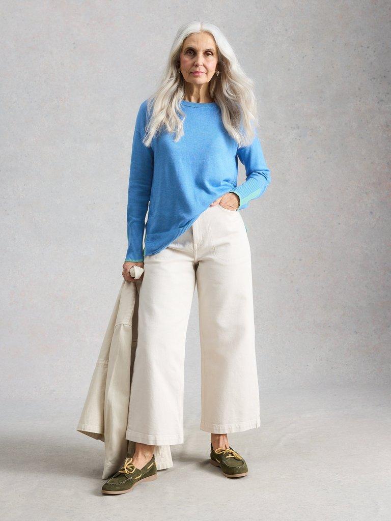 OLIVE JUMPER CREW NECK in MID BLUE - MODEL FRONT