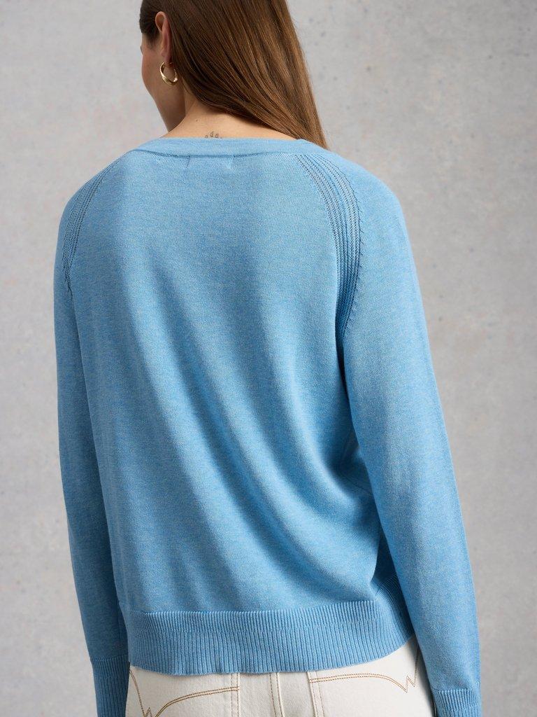 LULU BUTTON CARDIGAN in LGT BLUE - MODEL BACK