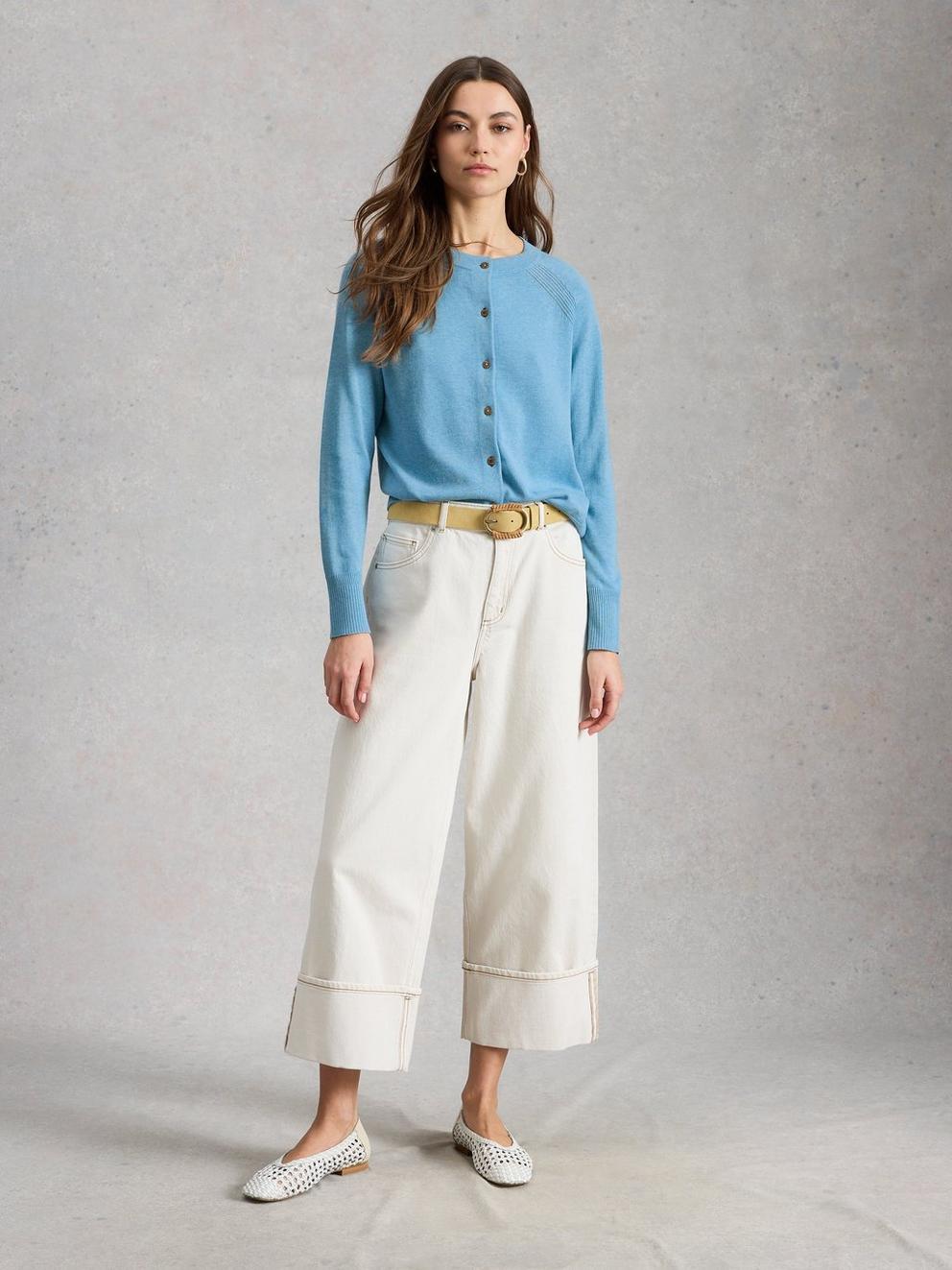 LULU BUTTON CARDIGAN in LGT BLUE - MODEL FRONT