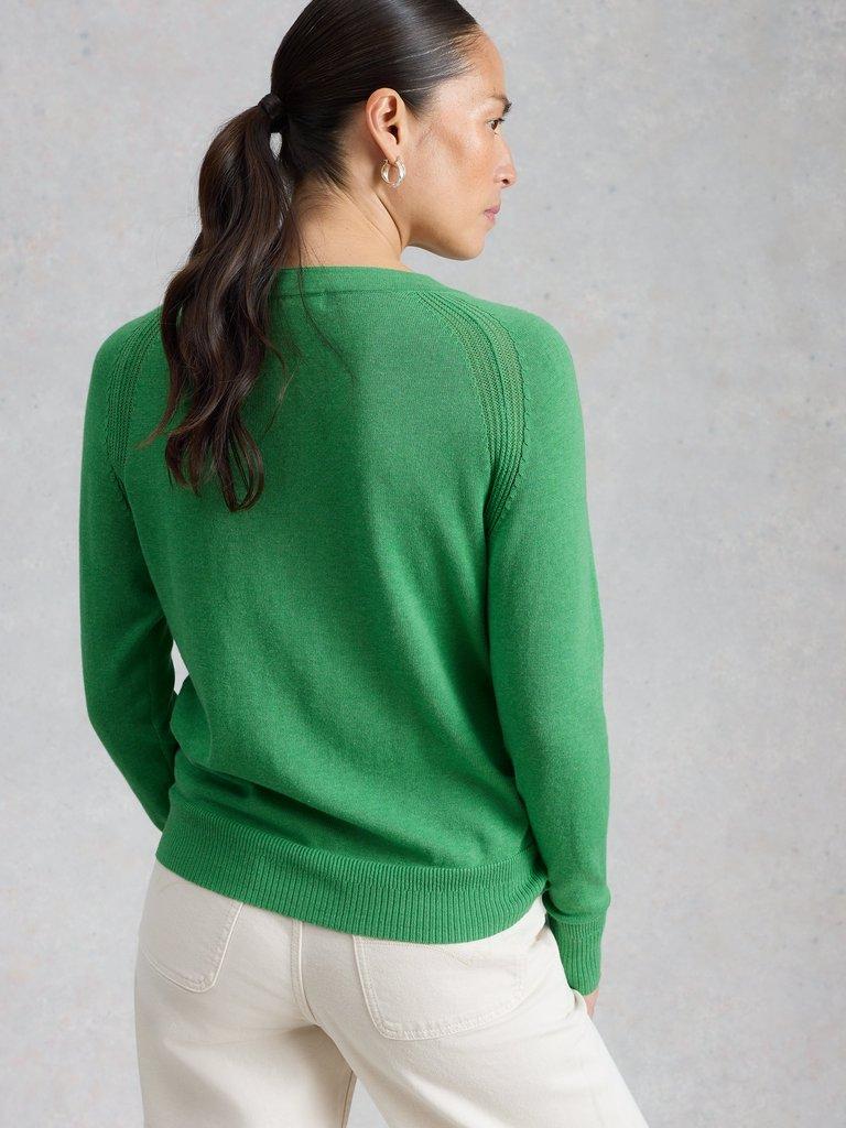 LULU BUTTON CARDIGAN in MID GREEN - MODEL BACK