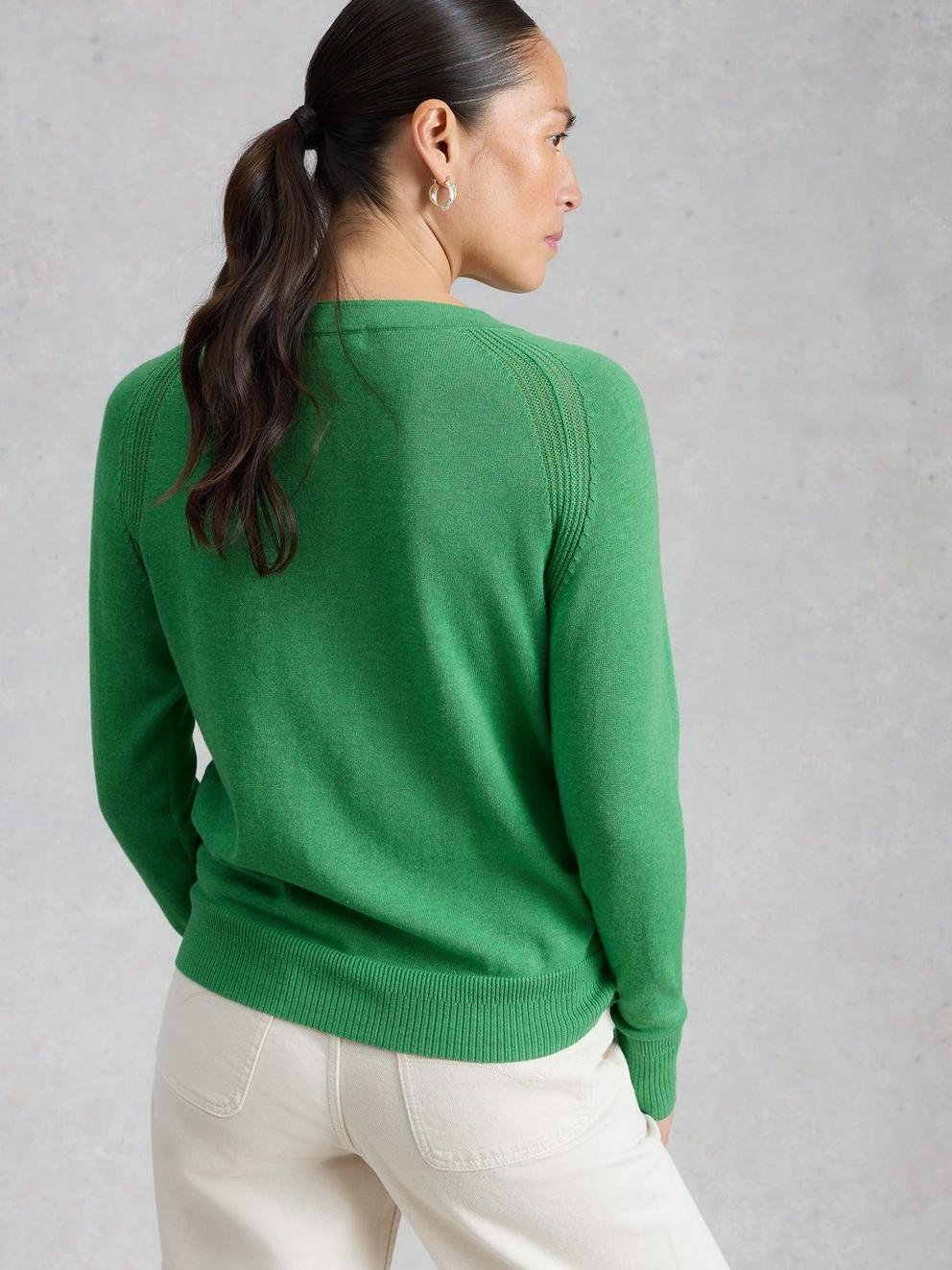 LULU BUTTON CARDIGAN in MID GREEN - MODEL BACK
