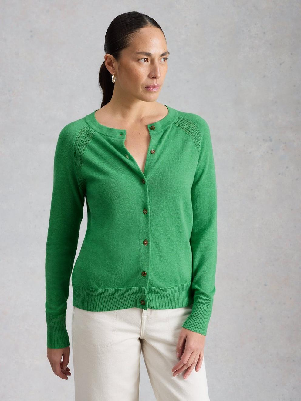 LULU BUTTON CARDIGAN in MID GREEN - MODEL DETAIL