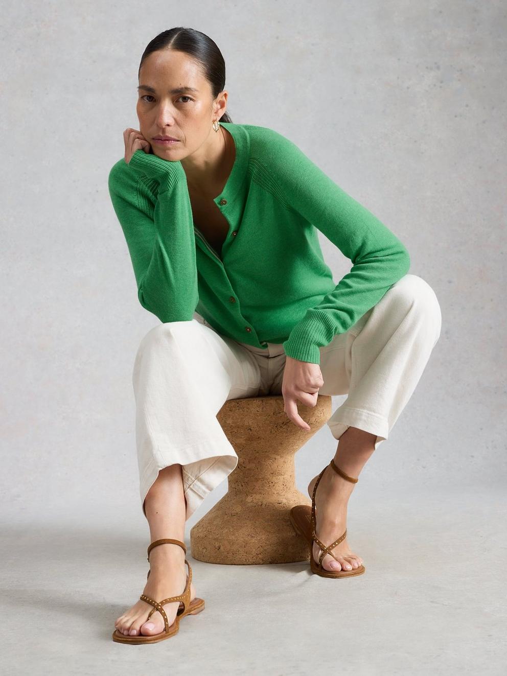 LULU BUTTON CARDIGAN in MID GREEN - MODEL FRONT