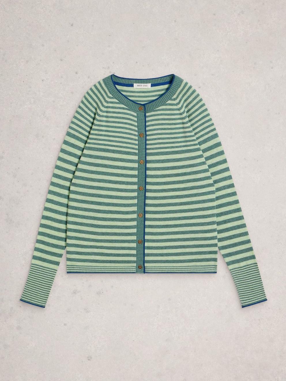 LULU STRIPED CREW NECK LONG SLEEVE CARDI in GREEN MLT - FLAT FRONT