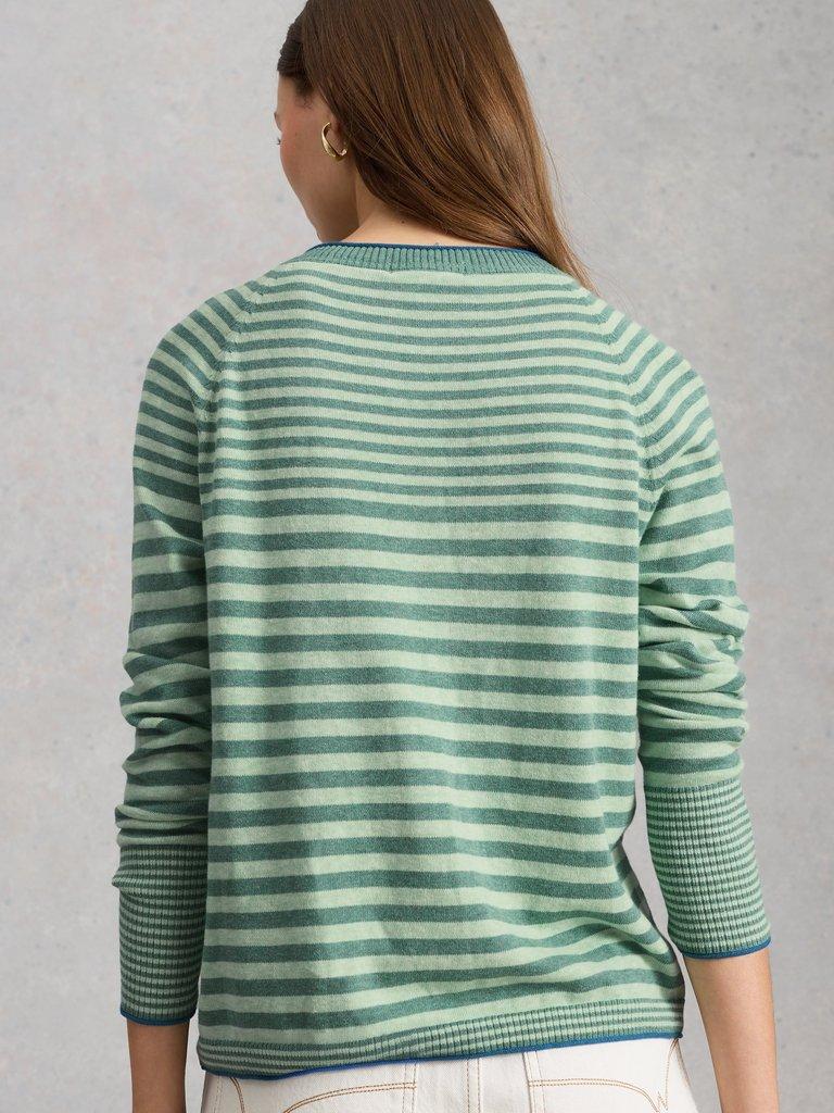 LULU STRIPED CREW NECK LONG SLEEVE CARDI in GREEN MLT - MODEL BACK
