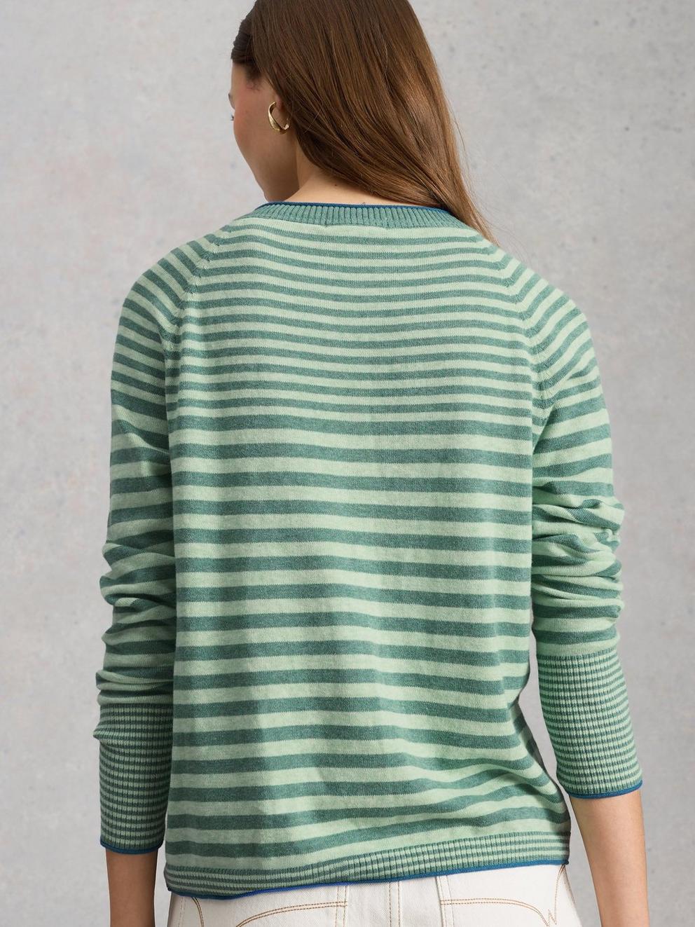 LULU STRIPED CREW NECK LONG SLEEVE CARDI in GREEN MLT - MODEL BACK