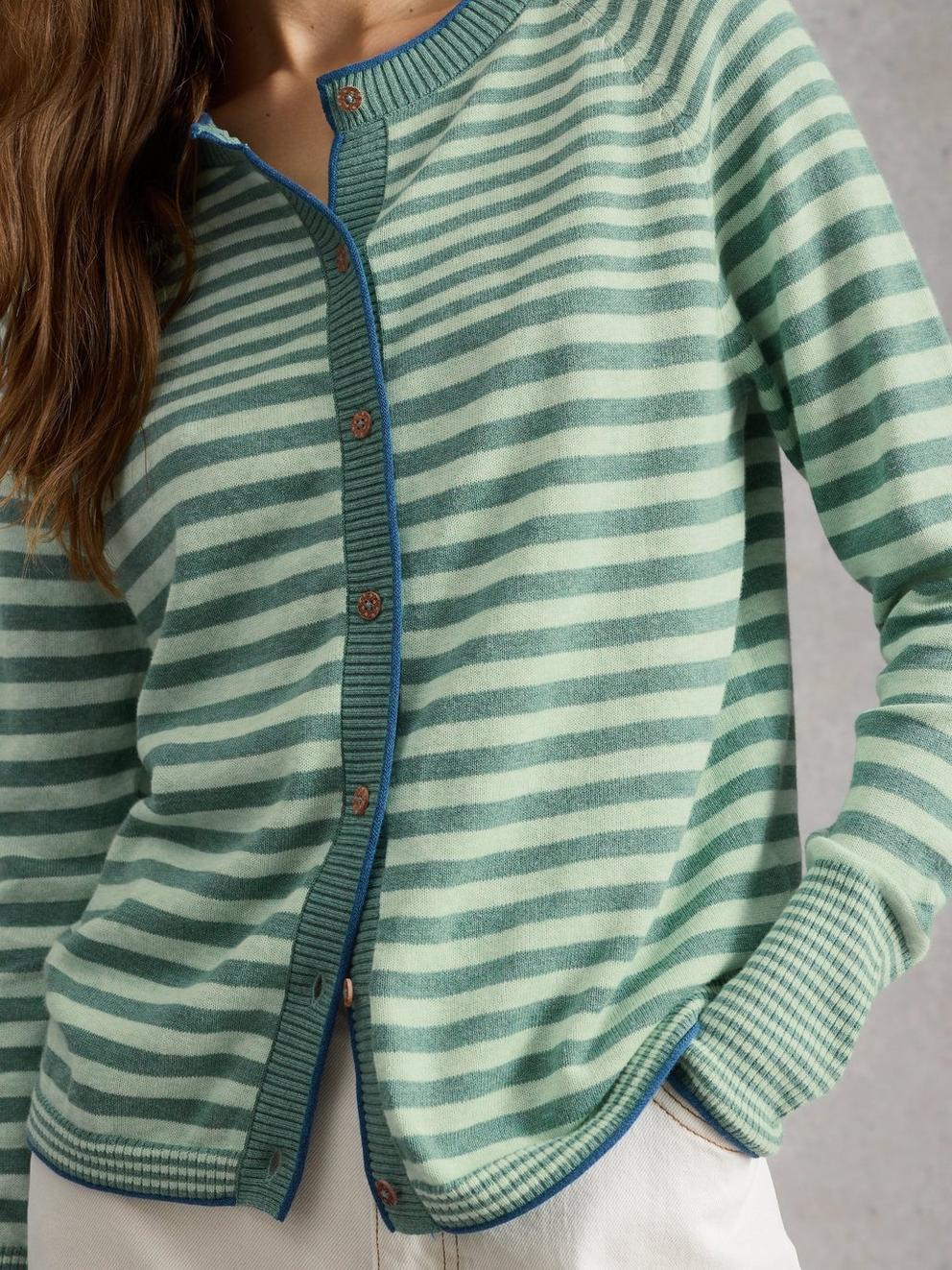 LULU STRIPED CREW NECK LONG SLEEVE CARDI in GREEN MLT - MODEL DETAIL