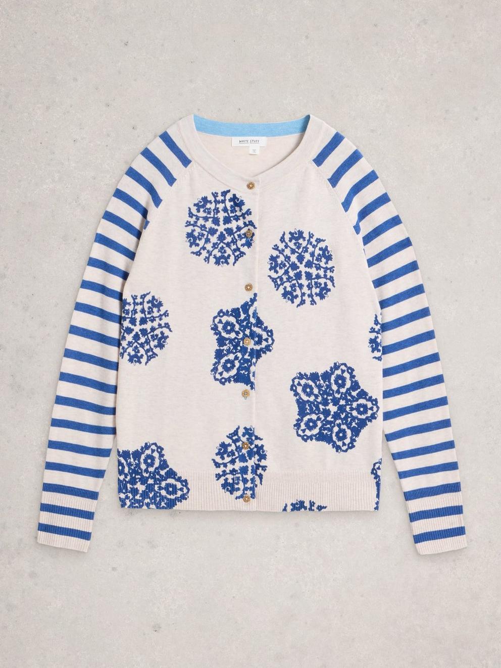 LULU CREW NECK LONG SLEEVE PRINT CARDI in IVORY PR - FLAT FRONT