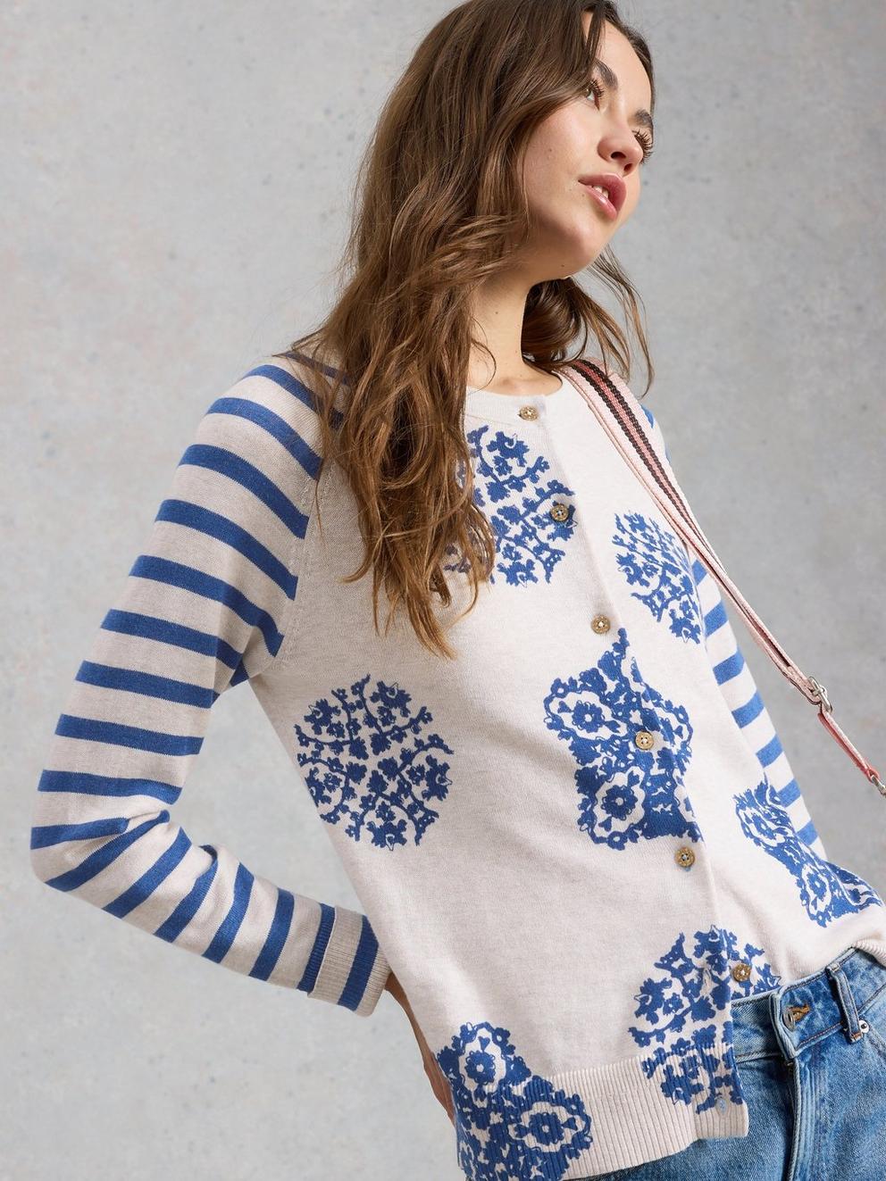 LULU CREW NECK LONG SLEEVE PRINT CARDI in IVORY PR - LIFESTYLE