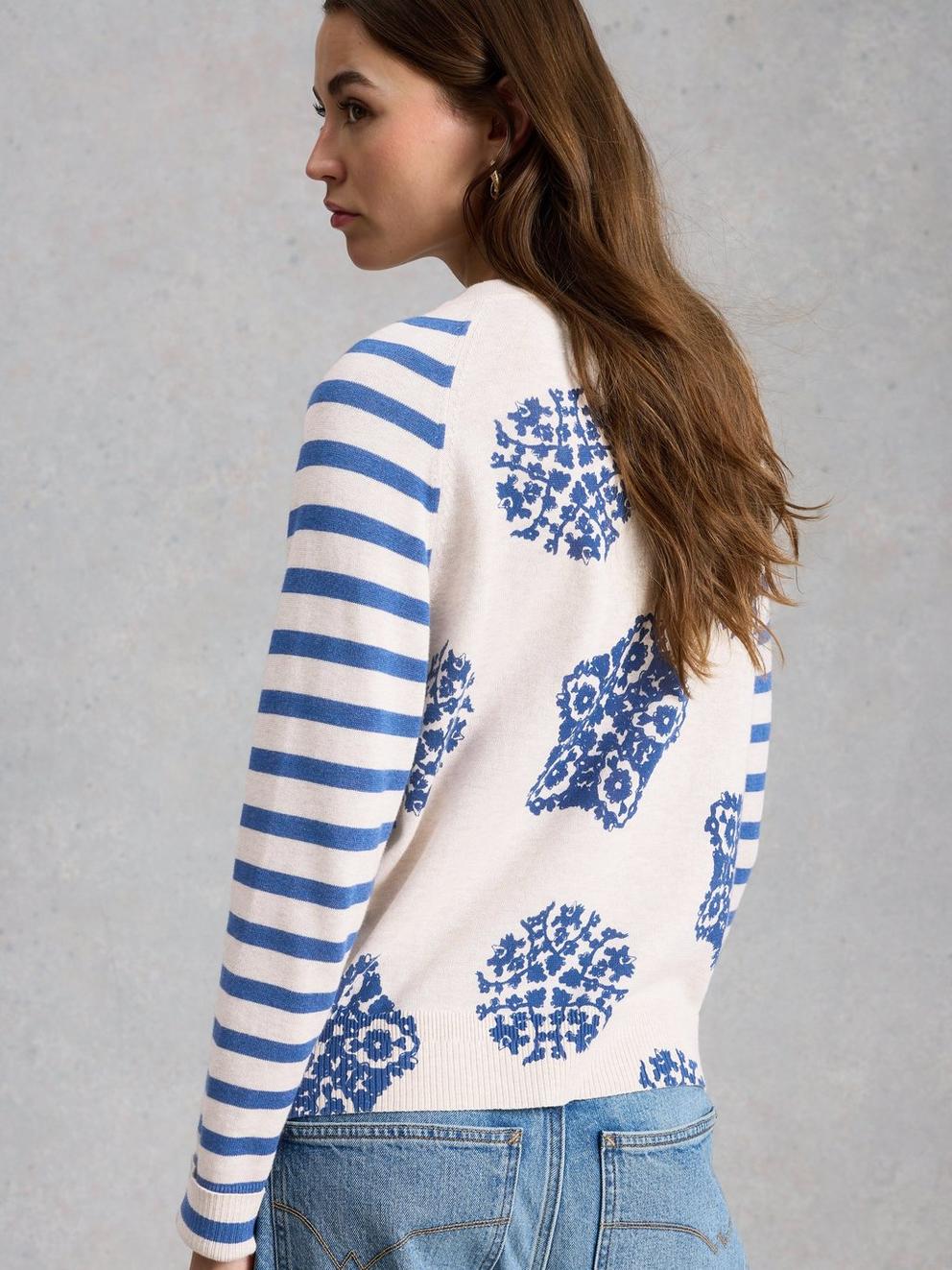 LULU CREW NECK LONG SLEEVE PRINT CARDI in IVORY PR - MODEL BACK